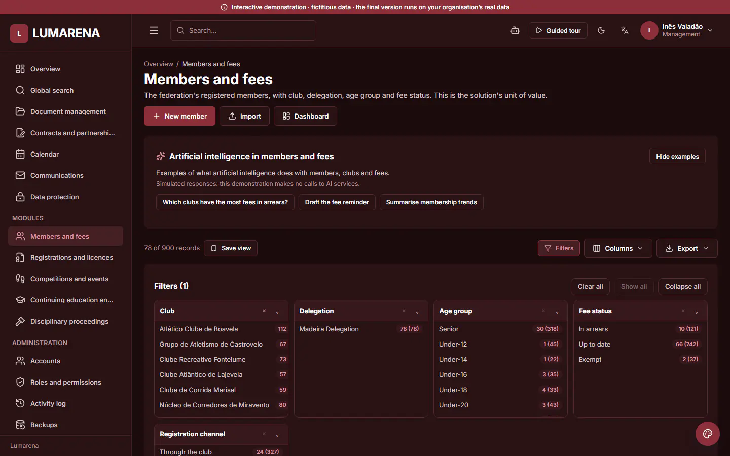 ForAssociations demo, record list in a module: Only one club’s members. With the club filter, the list shows only its members, as the club sees them on the portal. Fictitious data.