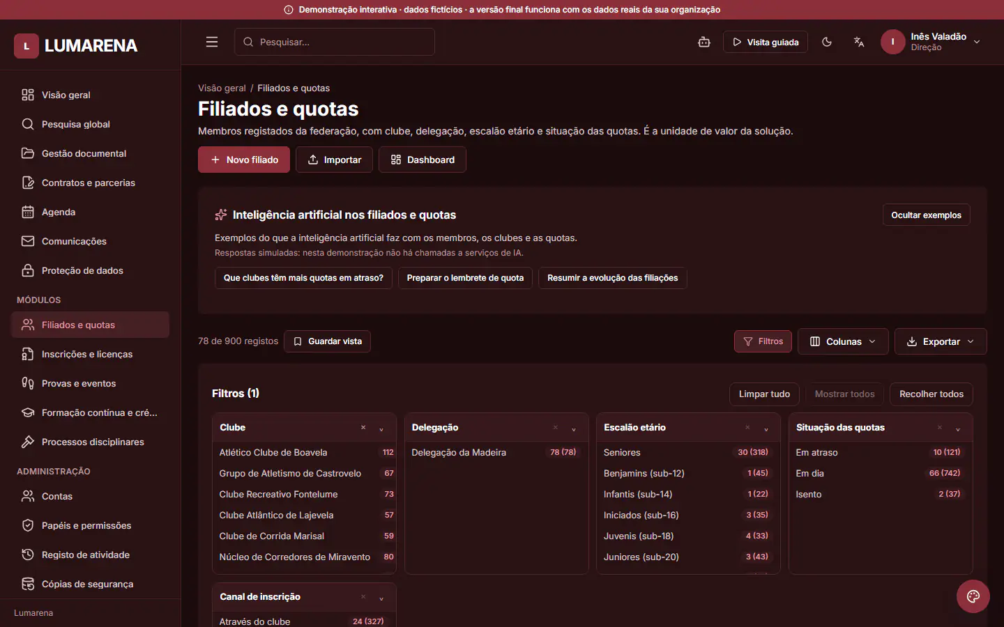 Demonstração ForAssociations, lista de registos de um módulo: Só os membros de um clube. Com o filtro do clube, a lista mostra apenas os seus membros, como o clube os vê no portal. Dados fictícios.