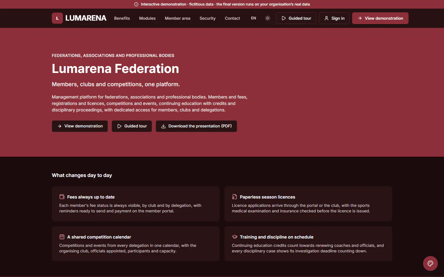 ForAssociations demo: home page of the public website of the fictitious organisation “Lumarena Federation”. Management platform for federations, associations and professional bodies.