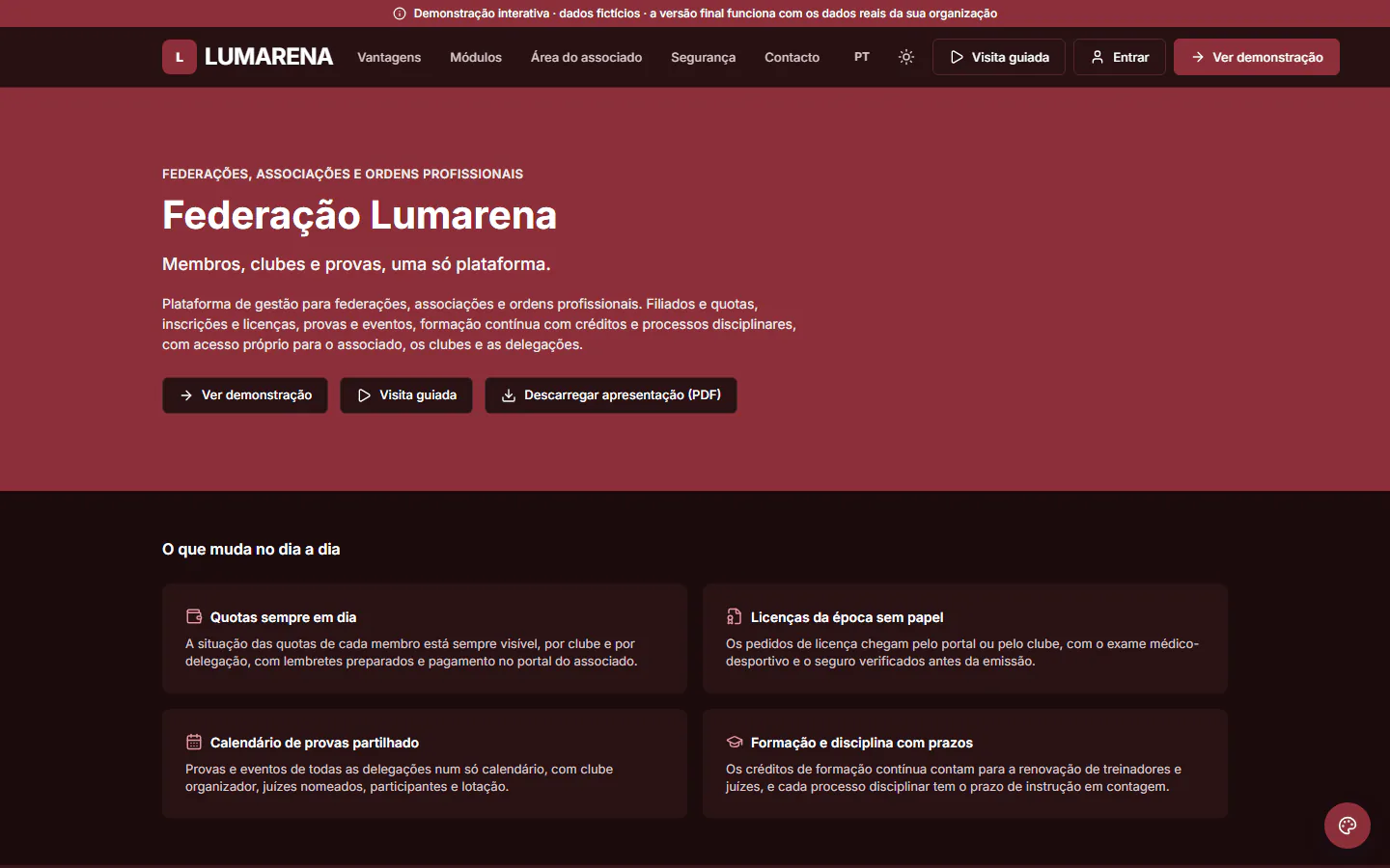 Demonstração ForAssociations: página inicial do site público da organização fictícia «Federação Lumarena». Plataforma de gestão para federações, associações e ordens profissionais.