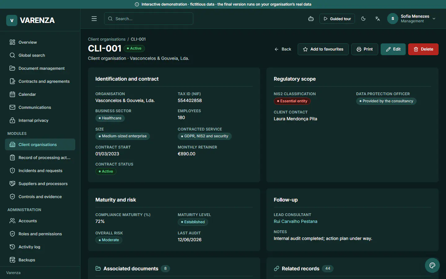 ForCompliance demo, record details: Each client's data, kept separate. The page brings together this organisation's processing activities, cases, suppliers and controls, and only its own. Fictitious data.