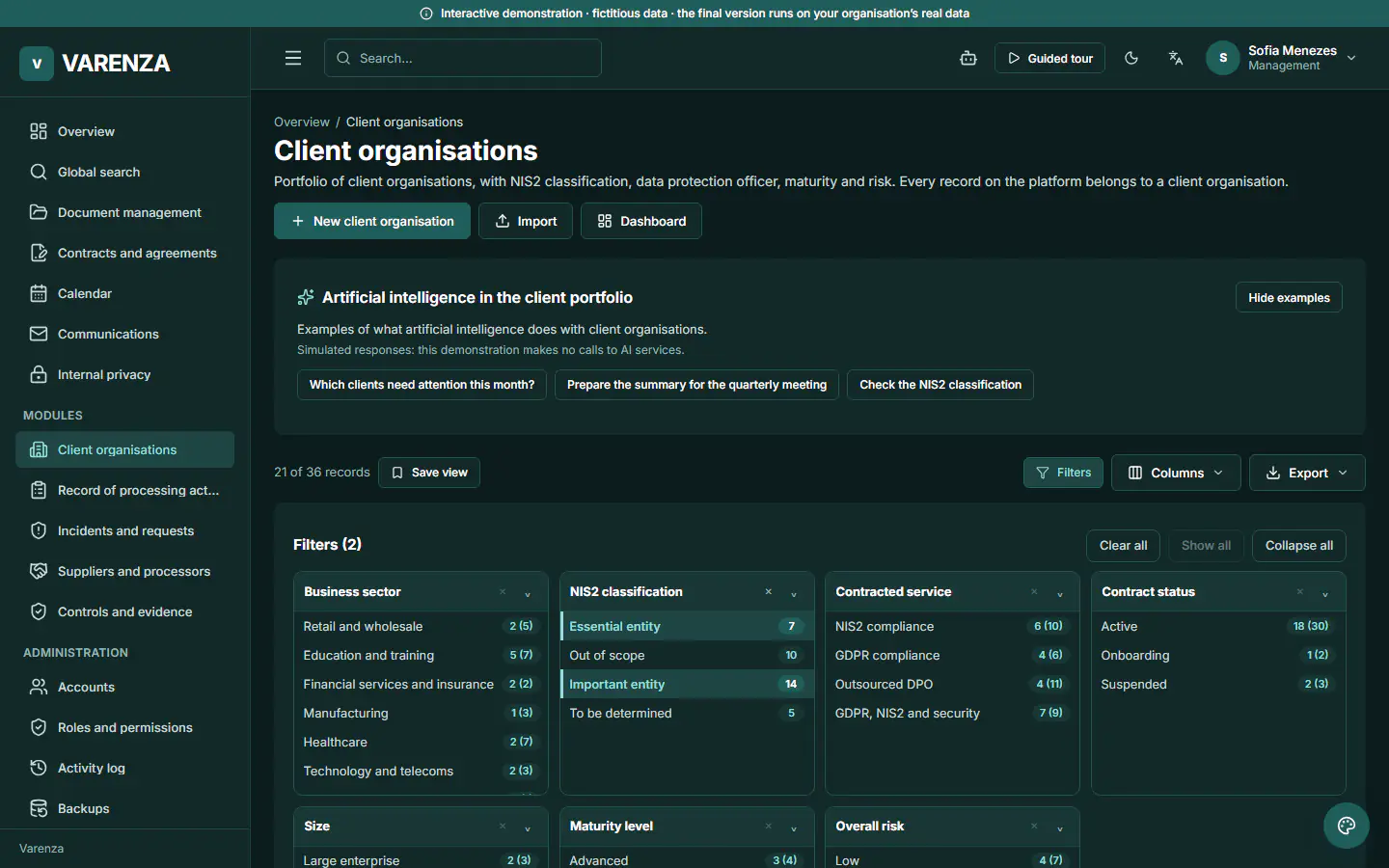 ForCompliance demo, record list in a module: Clients in NIS2 scope. Facets by sector, classification and status; here only essential and important entities. Fictitious data.
