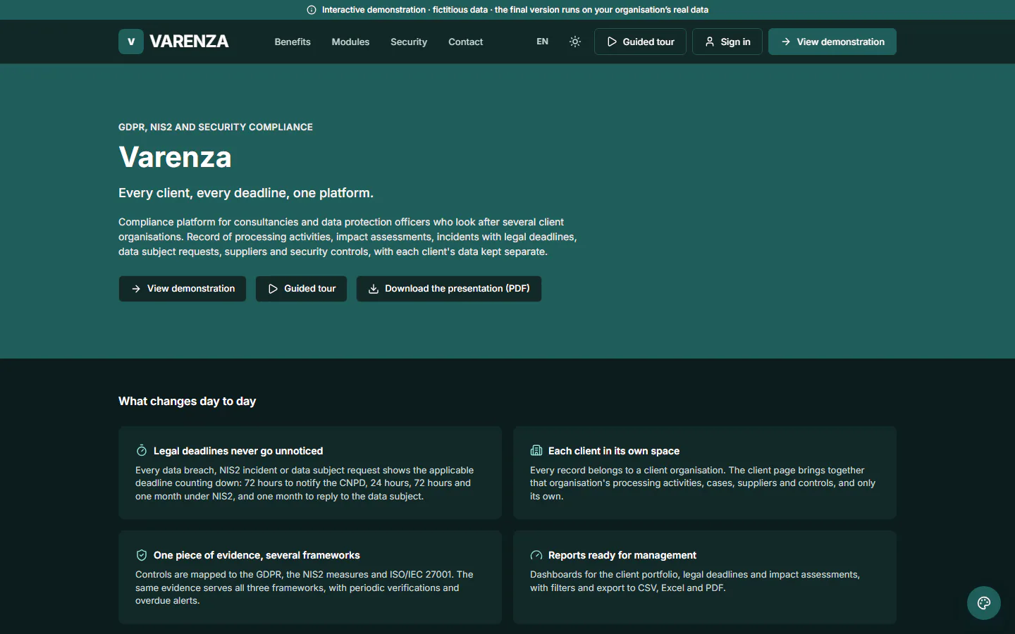 ForCompliance demo: home page of the public website of the fictitious organisation “Varenza”. Compliance platform for consultancies and data protection officers who look after several client organisations.