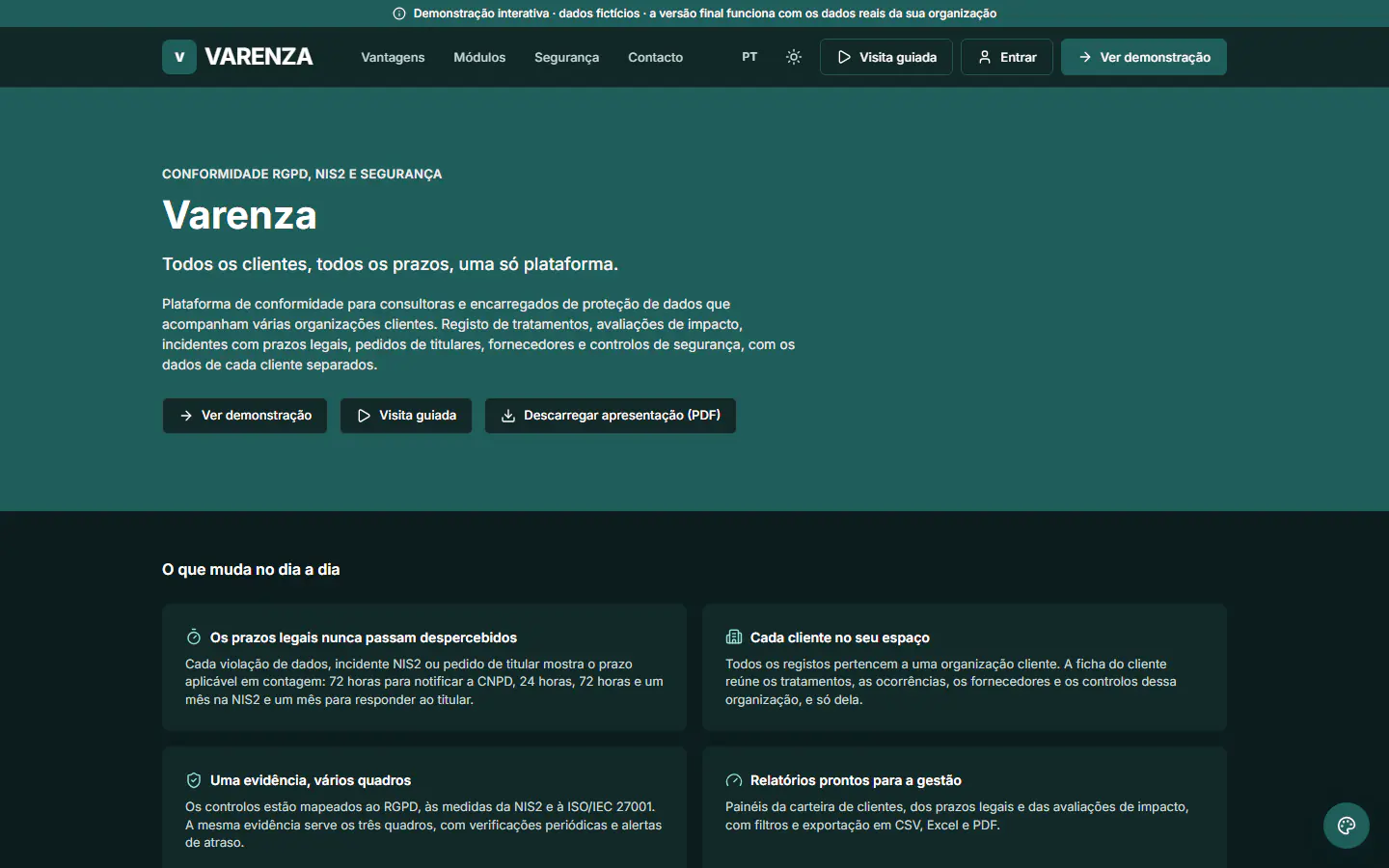 Demonstração ForCompliance: página inicial do site público da organização fictícia «Varenza». Plataforma de conformidade para consultoras e encarregados de proteção de dados que acompanham várias organizações clientes.