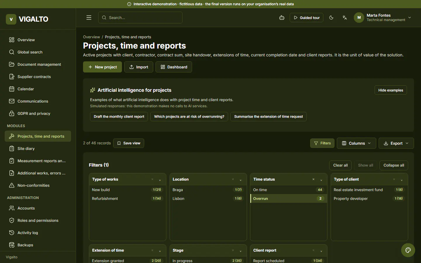 ForConstruction demo, record list in a module: Projects overrunning. Facets by type, location, stage and time; here only projects past their current completion date. Fictitious data.