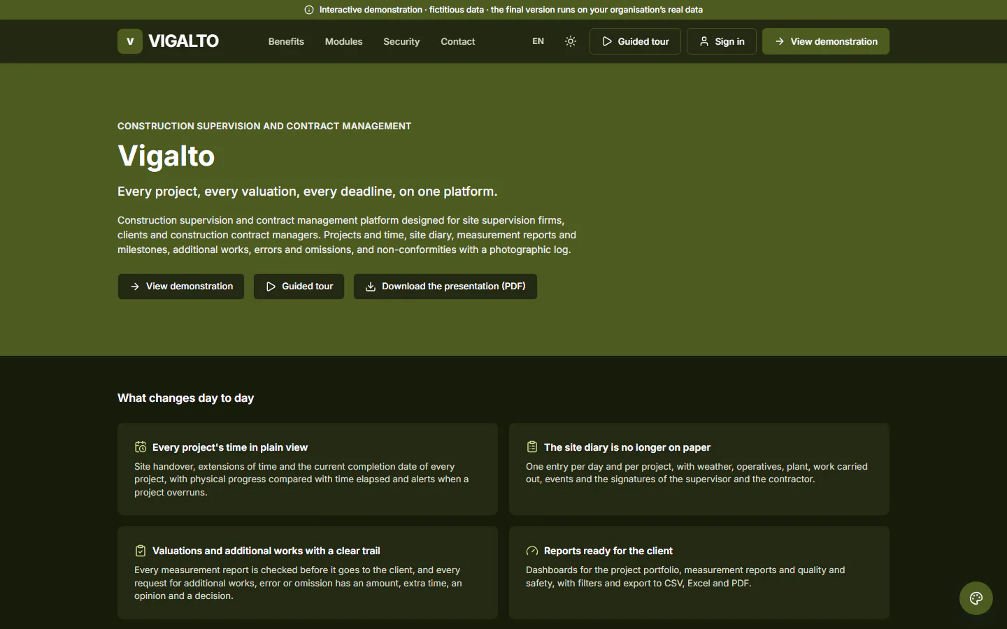 ForConstruction demo: home page of the public website of the fictitious organisation “Vigalto”. Construction supervision and contract management platform designed for site supervision firms, clients and construction contract managers.