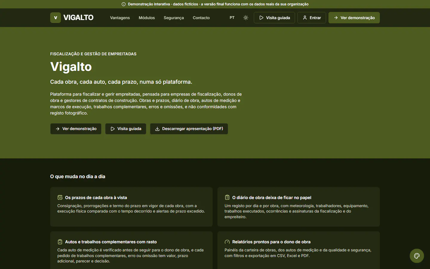 Demonstração ForConstruction: página inicial do site público da organização fictícia «Vigalto». Plataforma para fiscalizar e gerir empreitadas, pensada para empresas de fiscalização, donos de obra e gestores de contratos de construção.