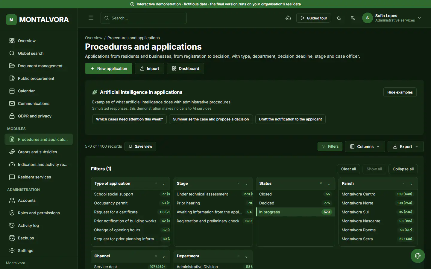 ForGov demo, record list in a module: Applications in progress. Filters by type, stage, department and parish; here only the cases still awaiting a decision. Fictitious data.