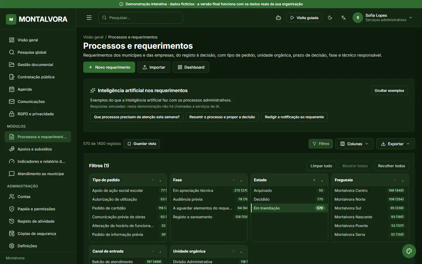 Demonstração ForGov, lista de registos de um módulo: Requerimentos em tramitação. Facetas por tipo de pedido, fase, unidade e freguesia; aqui só os processos ainda por decidir. Dados fictícios.