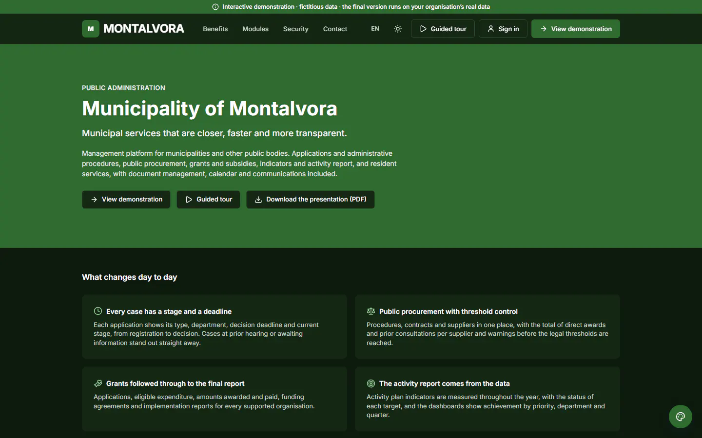 ForGov demo: home page of the public website of the fictitious organisation “Municipality of Montalvora”. Management platform for municipalities and other public bodies.