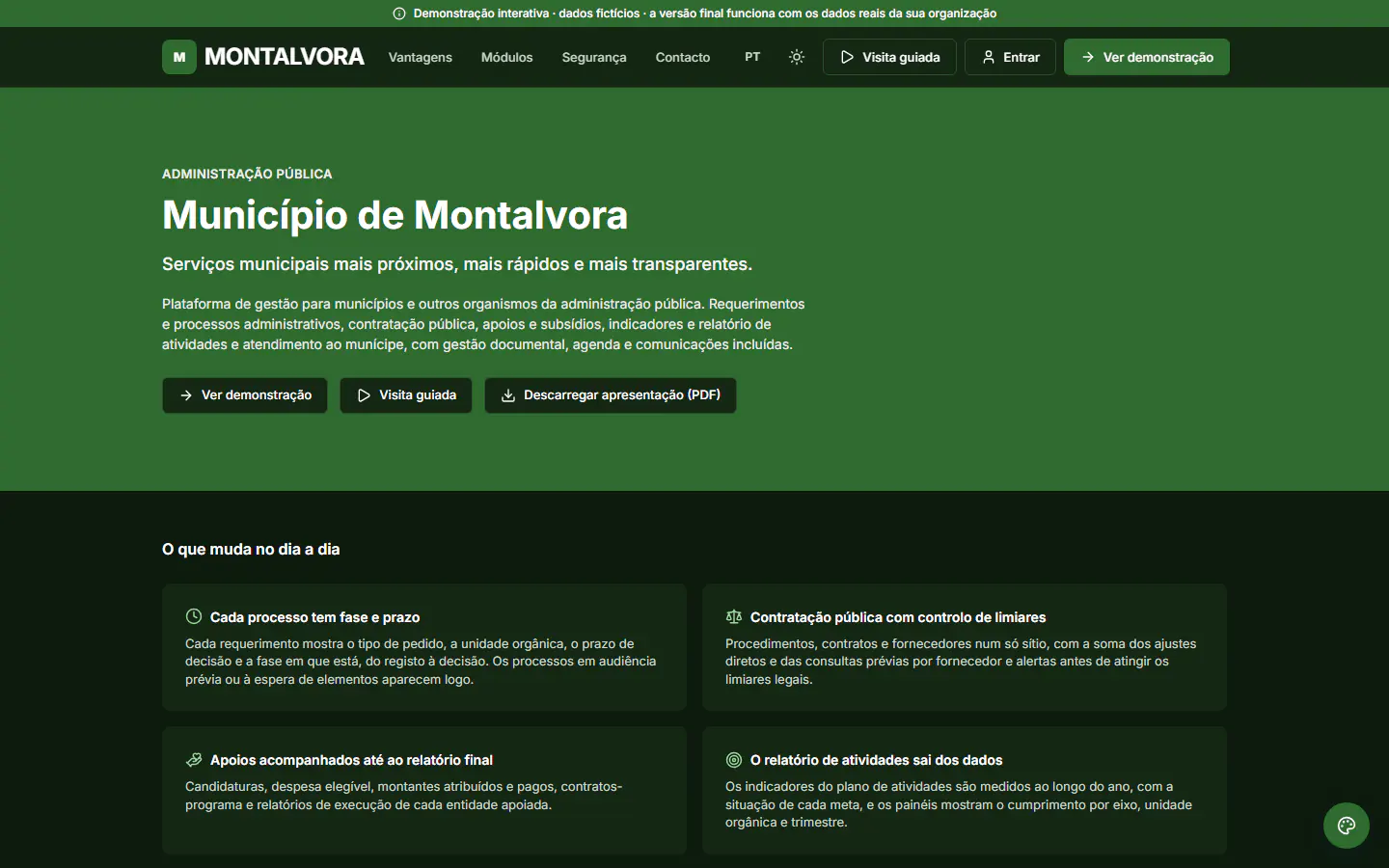 Demonstração ForGov: página inicial do site público da organização fictícia «Município de Montalvora». Plataforma de gestão para municípios e outros organismos da administração pública.