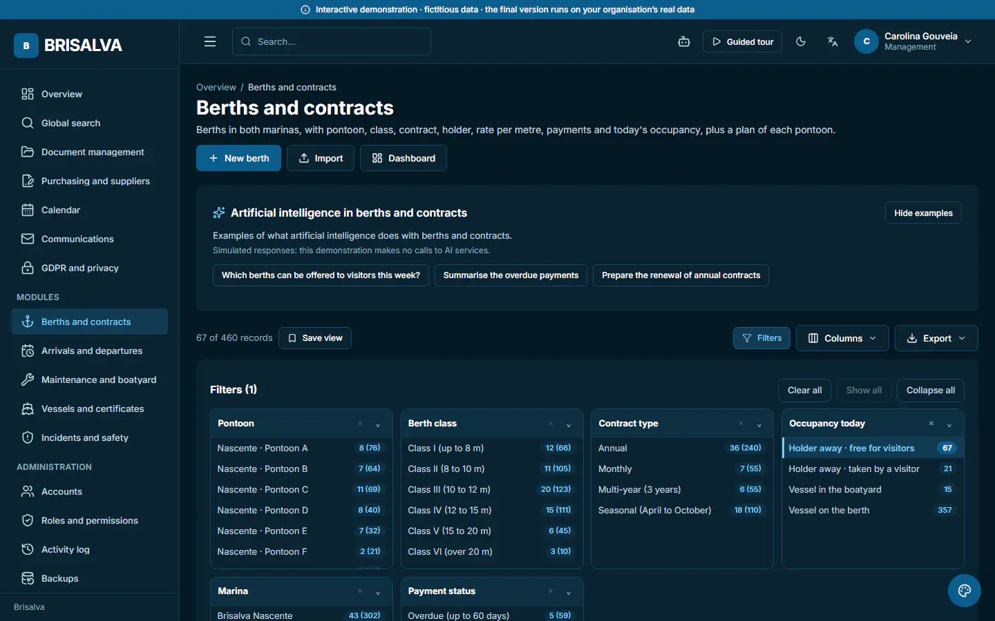 ForMarinas demo, record list in a module: Berths free for visitors. Berths of absent holders that can be released today, with filters by marina, pontoon and class. Fictitious data.