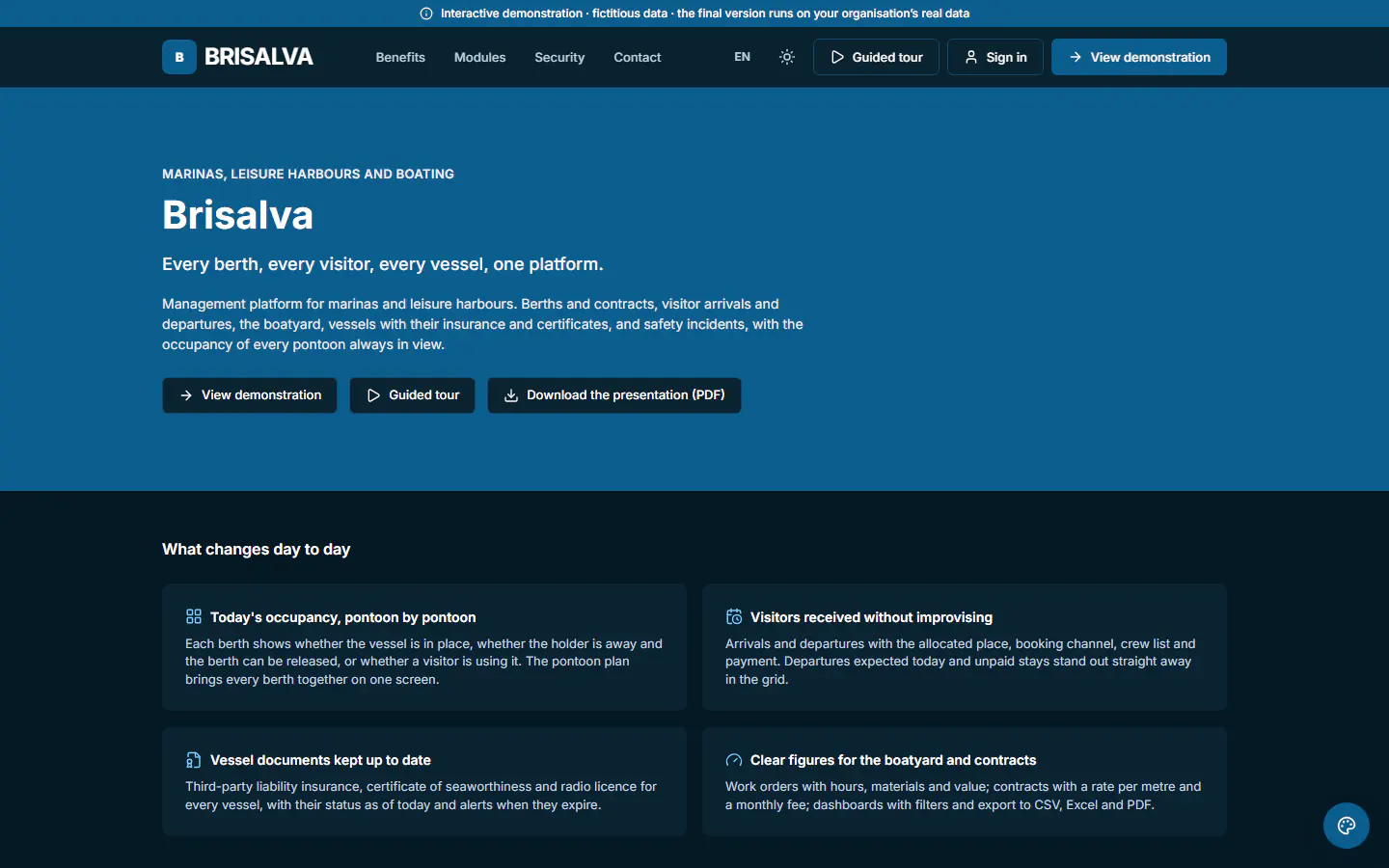 ForMarinas demo: home page of the public website of the fictitious organisation “Brisalva”. Management platform for marinas and leisure harbours.