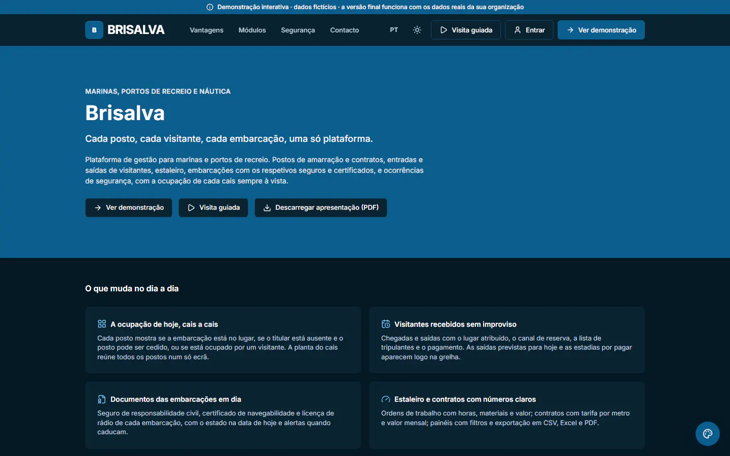 Demonstração ForMarinas: página inicial do site público da organização fictícia «Brisalva». Plataforma de gestão para marinas e portos de recreio.