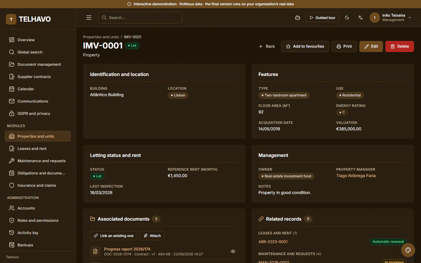 ForProperty demo, record details: Everything about a property. The page brings together this property’s lease, maintenance requests, obligations and policy. Fictitious data.