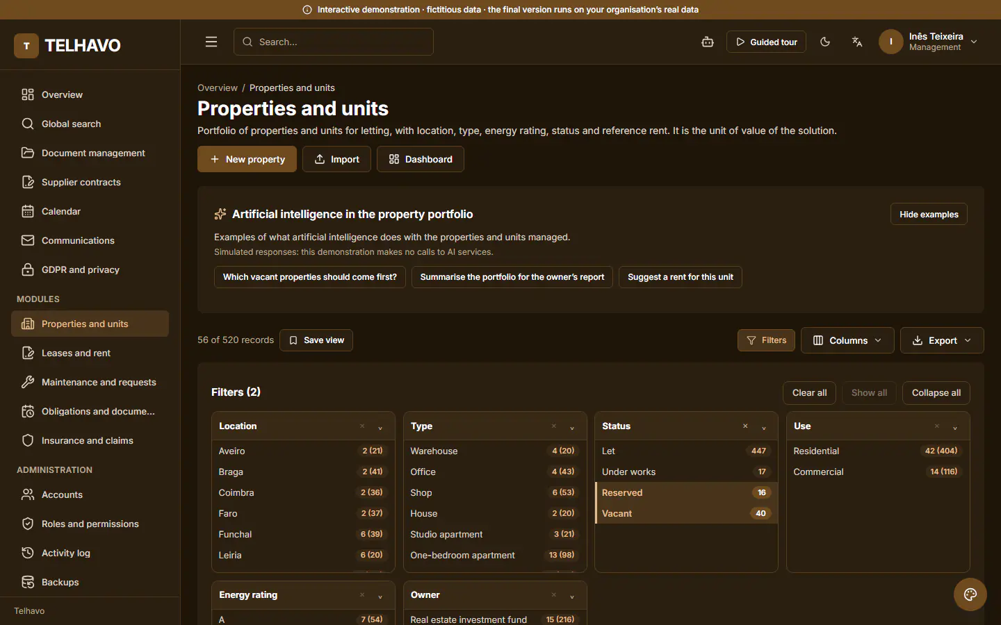 ForProperty demo, record list in a module: Vacant or reserved properties. Facets by location, type, energy rating and status; here only the properties still to let. Fictitious data.