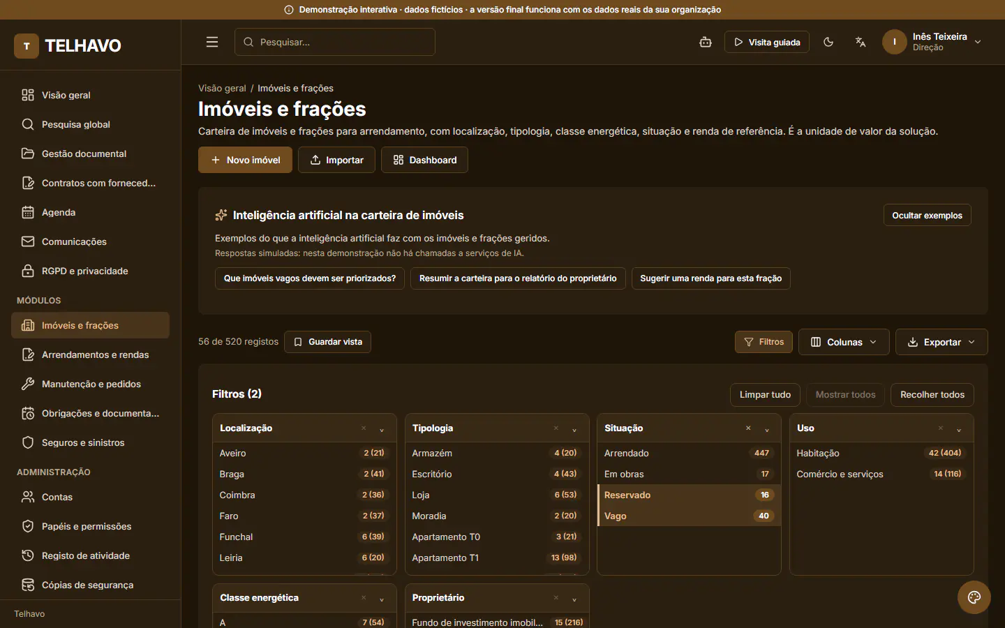 Demonstração ForProperty, lista de registos de um módulo: Imóveis vagos ou reservados. Facetas por localização, tipologia, classe energética e situação; aqui só os imóveis por arrendar. Dados fictícios.