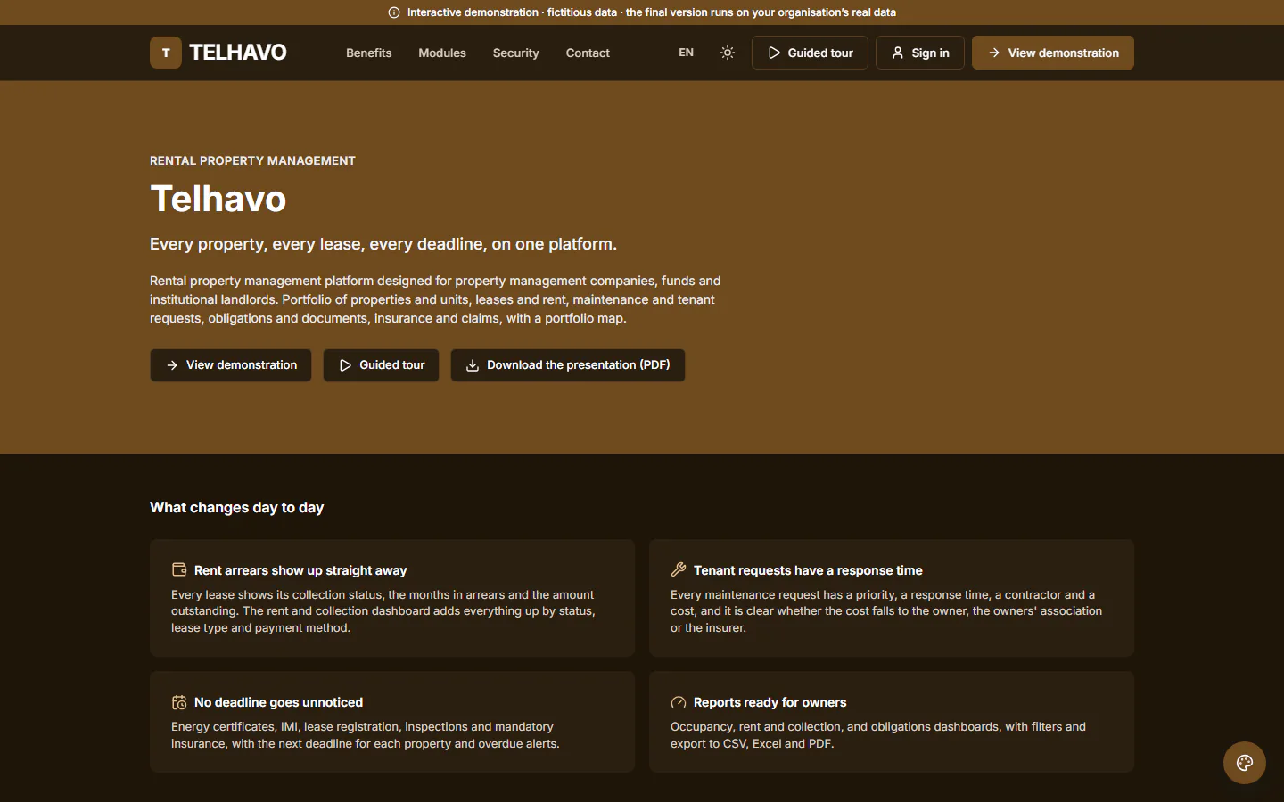 ForProperty demo: home page of the public website of the fictitious organisation “Telhavo”. Rental property management platform designed for property management companies, funds and institutional landlords.