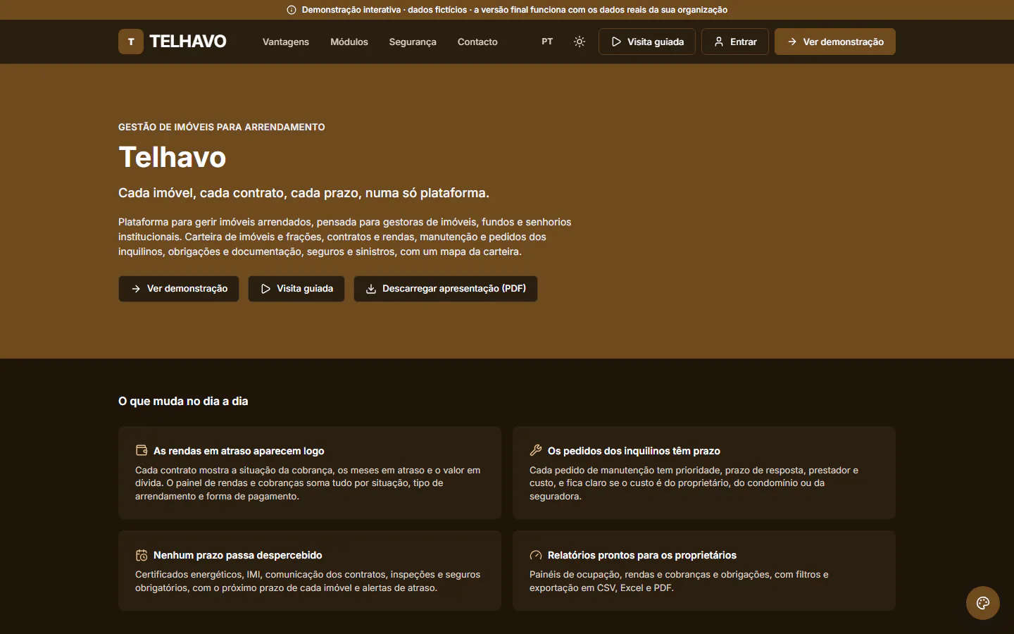 Demonstração ForProperty: página inicial do site público da organização fictícia «Telhavo». Plataforma para gerir imóveis arrendados, pensada para gestoras de imóveis, fundos e senhorios institucionais.