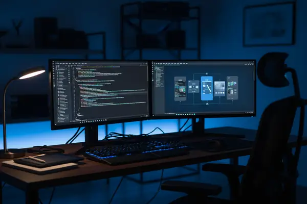 Two monitors showing code and interface design