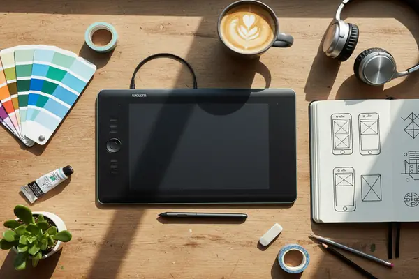 Desk with a graphics tablet and notebooks