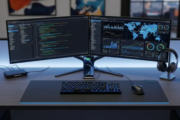Workstation with a laptop and monitors showing code