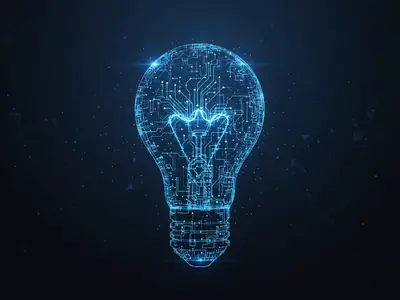 A light bulb drawn in lines of blue light
