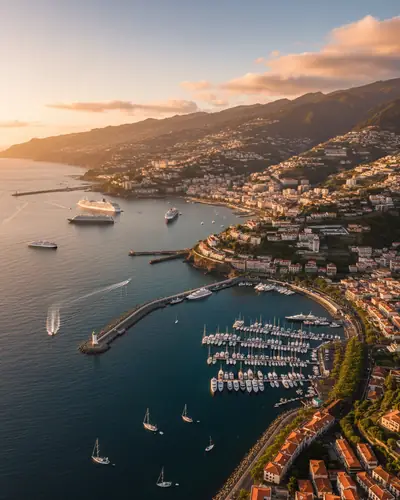 Aerial view of Funchal and its marina at sunset