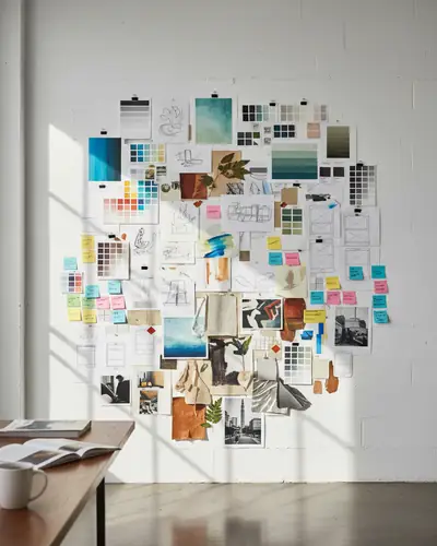 Wall with sketches and ideas pinned up