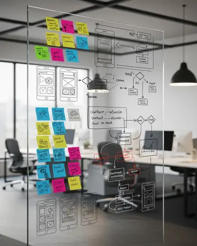 Workroom with a whiteboard full of coloured notes